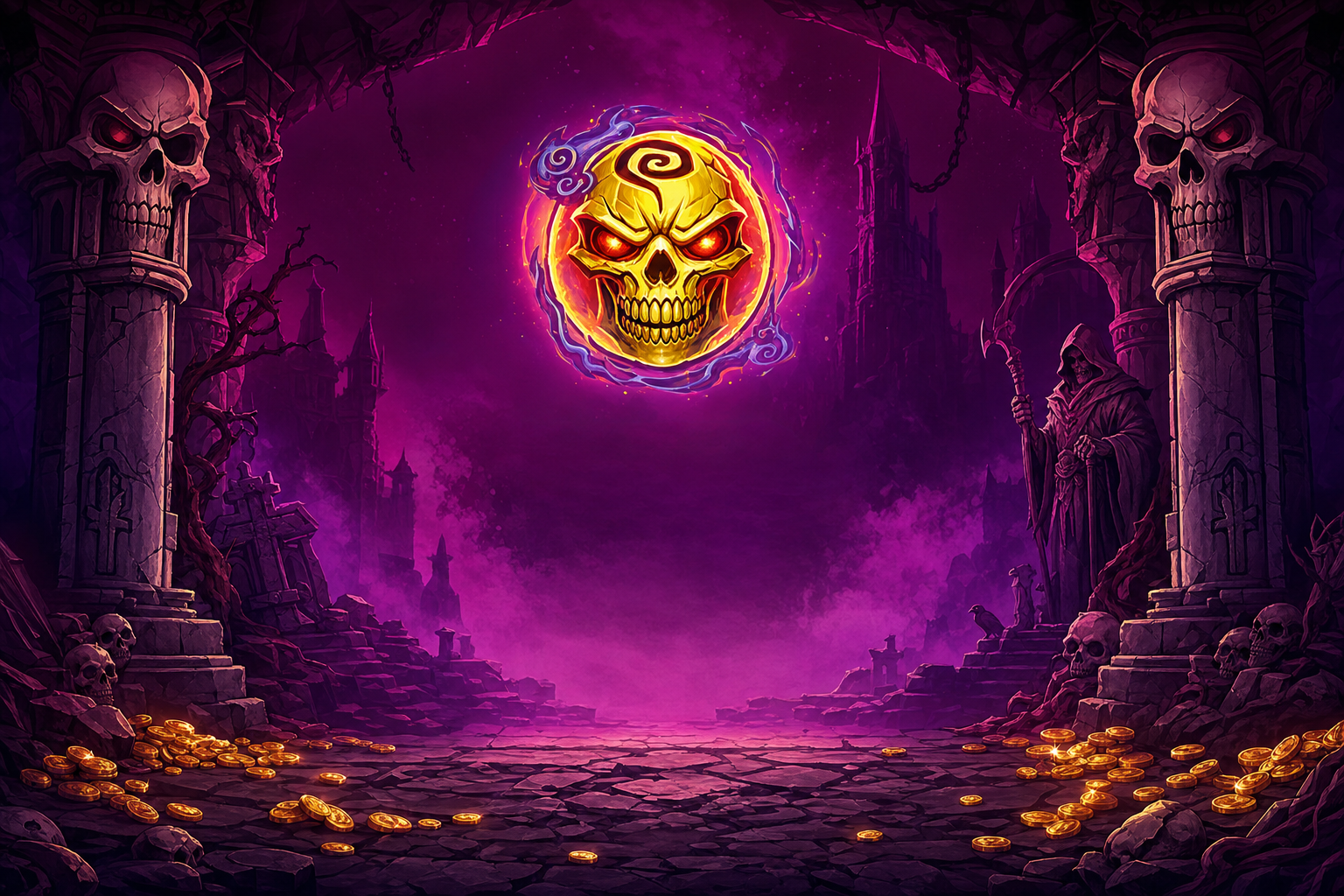 Dominion Immortal Free Spins — Doom skull glowing between gothic skull columns