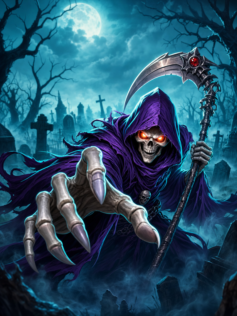 Death Dominion — Grim Reaper reaching from a misty gothic graveyard